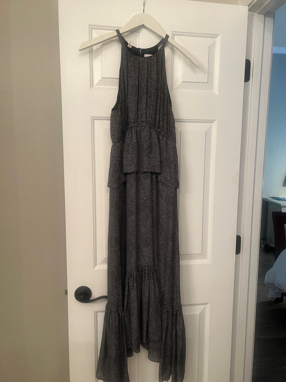 A.L.C. Black and White halter style High-Neck Tiered High-Low Maxi Dress